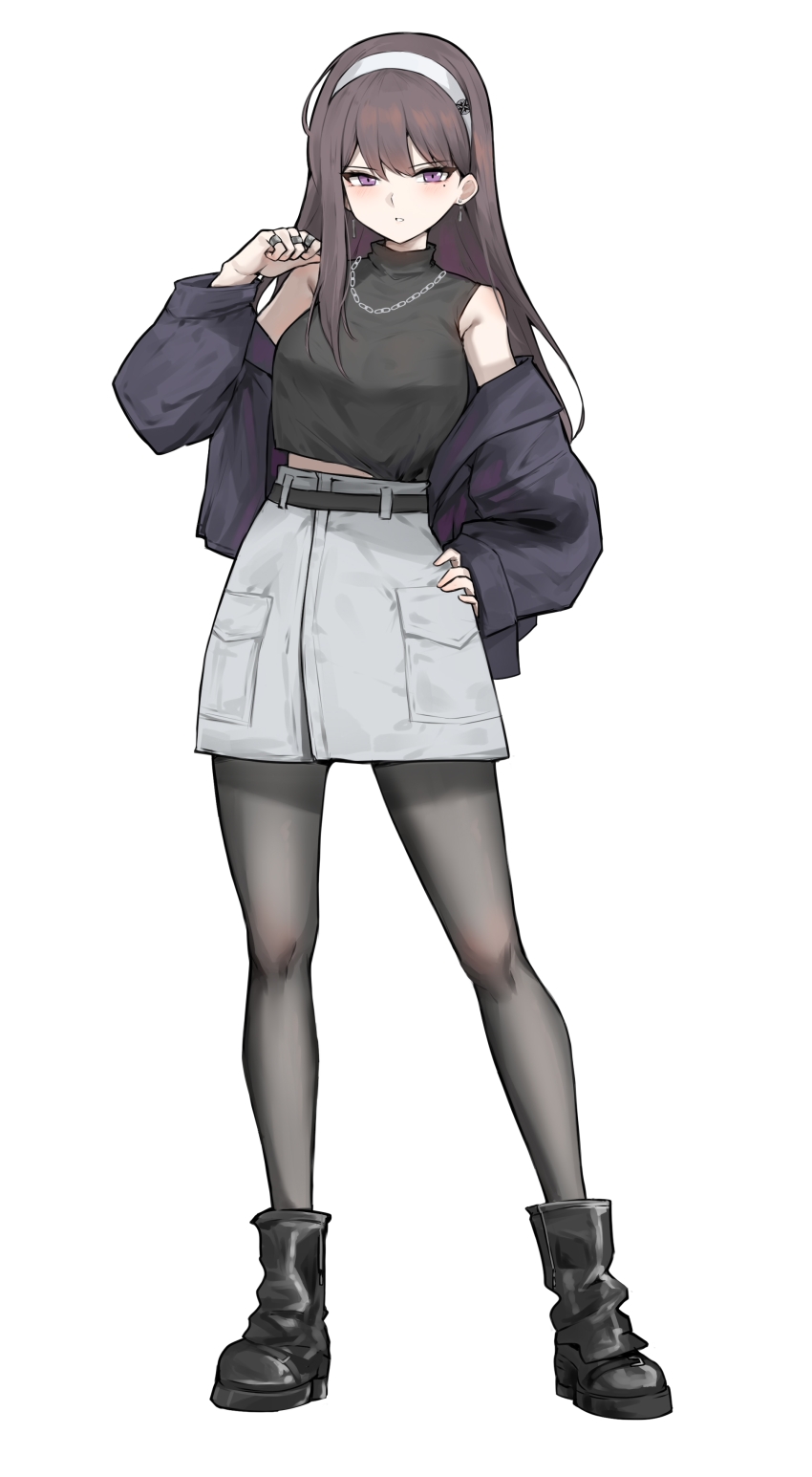 1girl absurdres bang_dream! bang_dream!_it&#039;s_mygo!!!!! black_boots black_jacket black_pantyhose black_shirt blush boots brown_hair commentary_request full_body grey_skirt hairband hand_on_own_hip highres jacket jewelry long_hair midriff_peek mole mole_under_eye multiple_rings necklace off_shoulder open_clothes open_jacket open_mouth pantyhose purple_eyes ring shiina_taki shirt simple_background skirt sleeveless sleeveless_shirt solo unique_(pixiv12704744) white_background white_hairband
