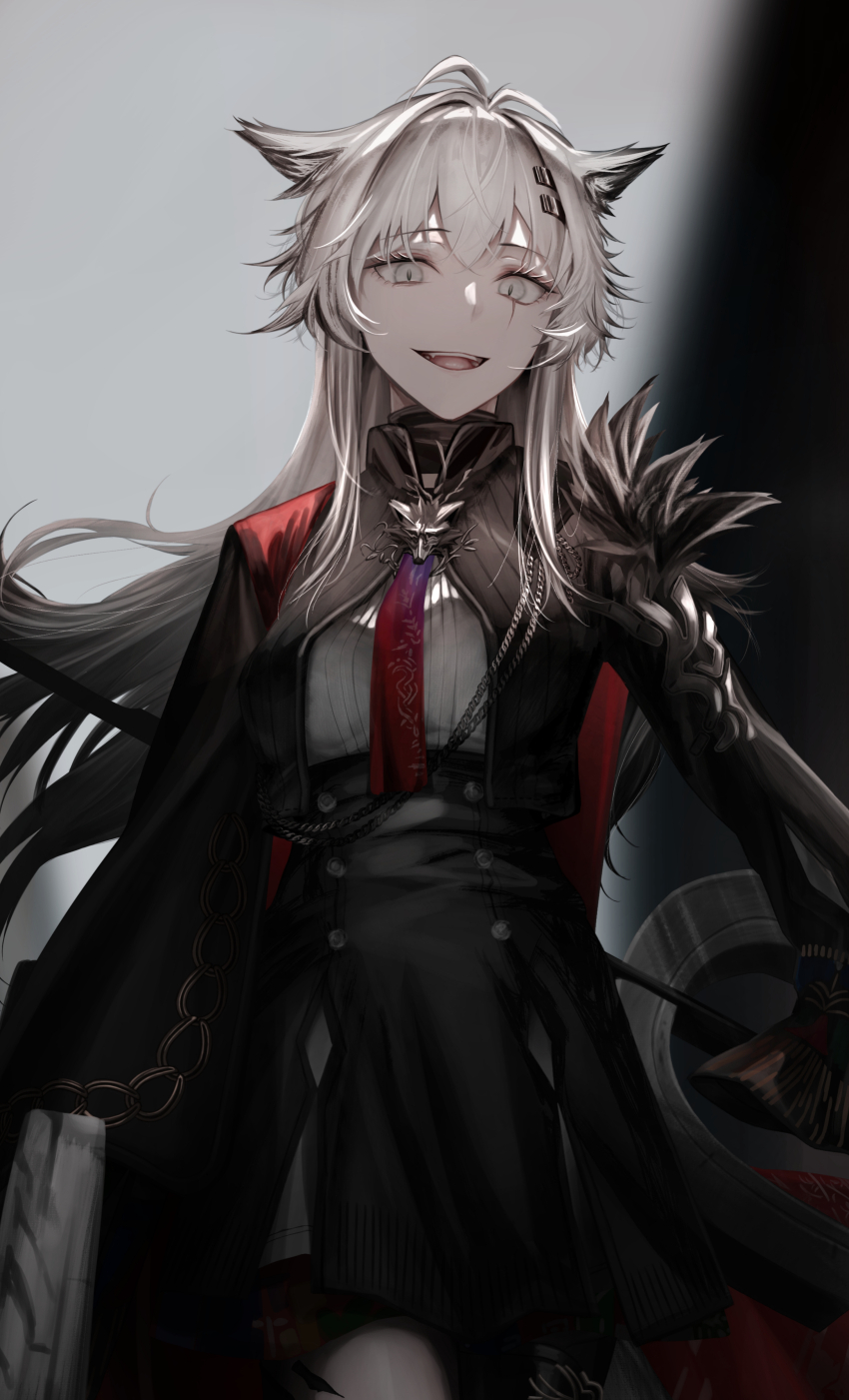 1girl absurdres aiguillette amamiya_(1201hlx) animal_ear_fluff animal_ears arknights black_coat black_jacket bolo_tie cape coat gradient_necktie grey_eyes grey_hair hair_between_eyes hair_ornament hairclip high-waist_skirt highres jacket lappland_(arknights) lappland_the_decadenza_(arknights) long_hair looking_at_viewer multicolored_necktie necktie open_mouth red_cape scar scar_across_eye scar_on_face simple_background single_shoulder_pad skirt solo two-tone_necktie wolf_brooch wolf_ears wolf_girl