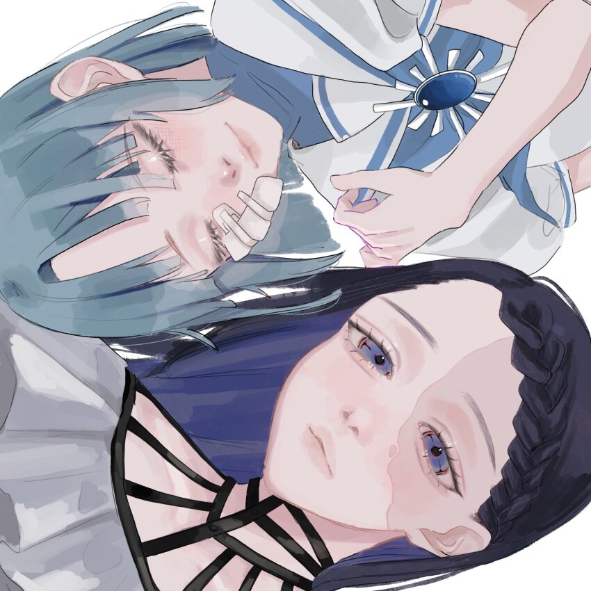 2girls ado_(utaite) aegyo_sal akuru-chan_(ado) bandaid bandaid_on_face blue_brooch blue_hair braid braided_bangs closed_eyes closed_mouth commentary eien_no_akuru_hi gira-gira-chan_(ado) gira_gira hashtag-only_commentary highres long_hair multiple_girls sailor_collar shirt short_hair short_sleeves simple_background white_background white_sailor_collar white_shirt yurosuke