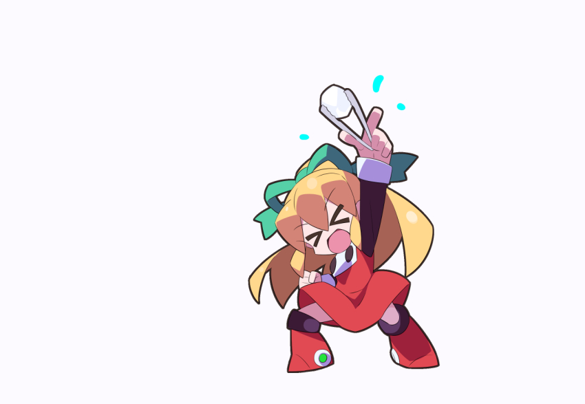&gt;_&lt; 1girl aiming_up arm_up blonde_hair chibi dress full_body high_ponytail holding_ice kaidou_zx long_hair mega_man:_powered_up mega_man_(classic) mega_man_(series) missing_commentary monochrome outline ponytail red_dress red_outline roll_(mega_man) simple_background solo weapon white_background