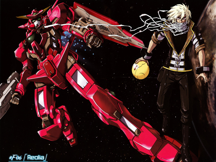 00s 1boy bandages beam_rifle blonde_hair energy_gun fon_spaak fon_spark gun gundam gundam_00 gundam_00f gundam_astraea_type-f gundam_meister_874 hanayo highres male_focus mecha red_eyes rifle robot shield weapon