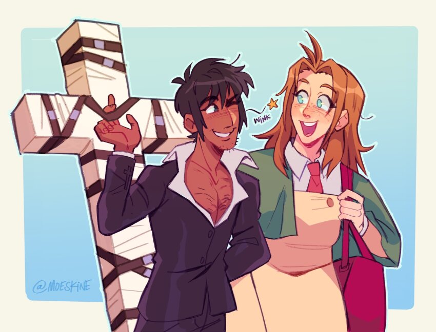 1boy 1girl black_hair black_straps brown_hair cross cross_punisher einar_guerrero formal_clothes highres large_cross long_hair looking_at_another milly_thompson nicholas_d._wolfwood punisher_(trigun) suit trigun