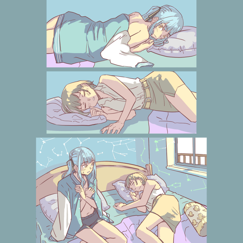 2girls anjuro_zeeku bang_dream! bang_dream!_it&#039;s_mygo!!!!! bedroom belt big_dipper black_ribbon black_shorts blue_hair blue_jacket blush bootes_(constellation) brown_hair cancer_(constellation) canis_minor_(constellation) closed_eyes closed_mouth collared_shirt commentary constellation corona_borealis_(constellation) english_commentary gemini_(constellation) green_skirt hair_ribbon highres hydra_(constellation) indoors jacket letterman_jacket long_hair long_sleeves looking_at_another lynx_(constellation) multiple_girls naked_jacket on_bed parted_lips pillow ribbon serpens_(constellation) shirt short_hair shorts skirt sleeveless sleeveless_shirt star_map sweatdrop takamatsu_tomori togawa_sakiko two_side_up ursa_major_(constellation) white_shirt yellow_eyes yuri