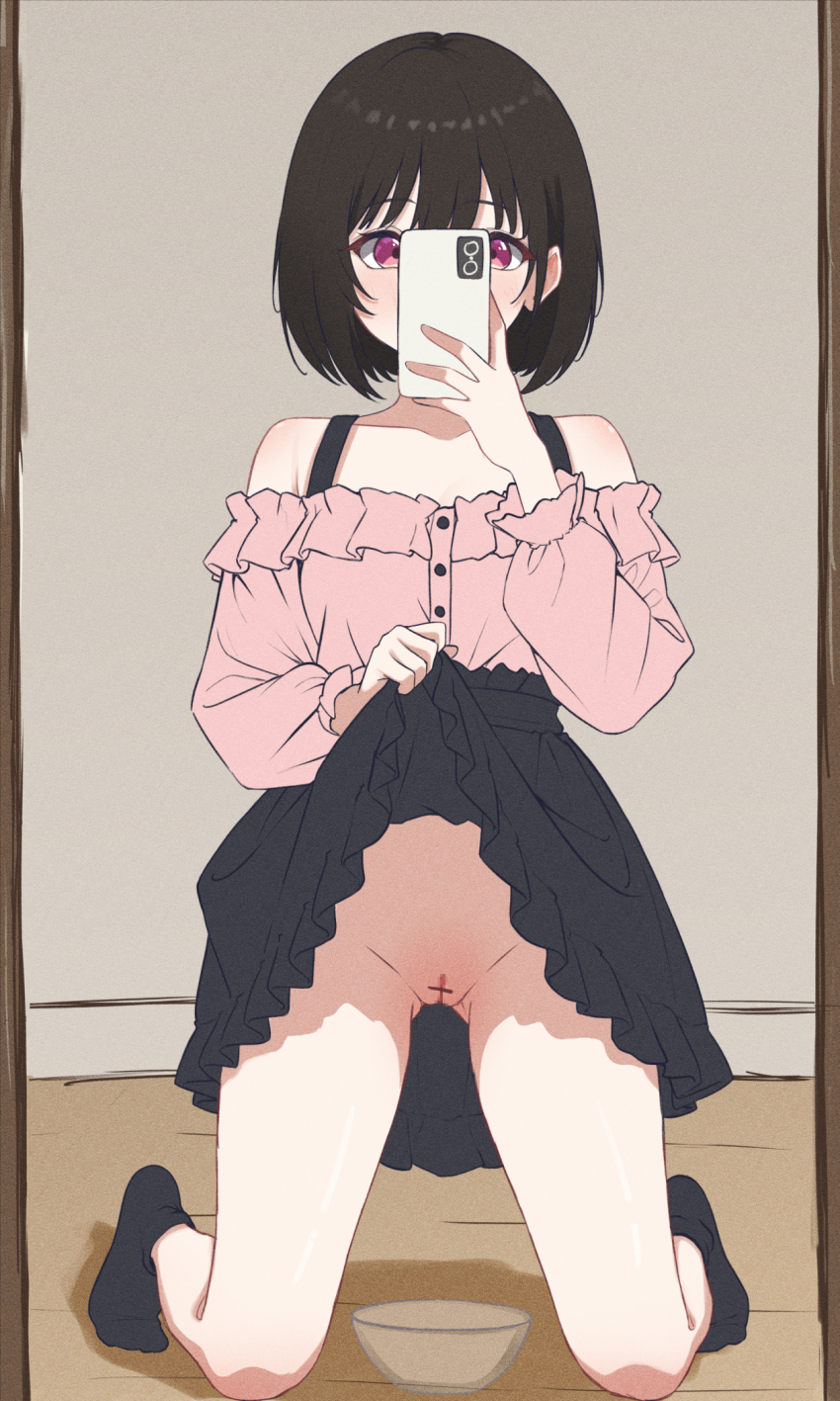 1girl bar_censor black_hair black_skirt black_socks blouse cellphone censored facing_viewer highres holding holding_phone jirai_kei kneeling mirror_selfie off-shoulder_shirt off_shoulder osanai_yuki phone pink_eyes pink_shirt pussy salacia014 selfie shirt shirt_tucked_in short_hair shoushimin_series skirt socks solo