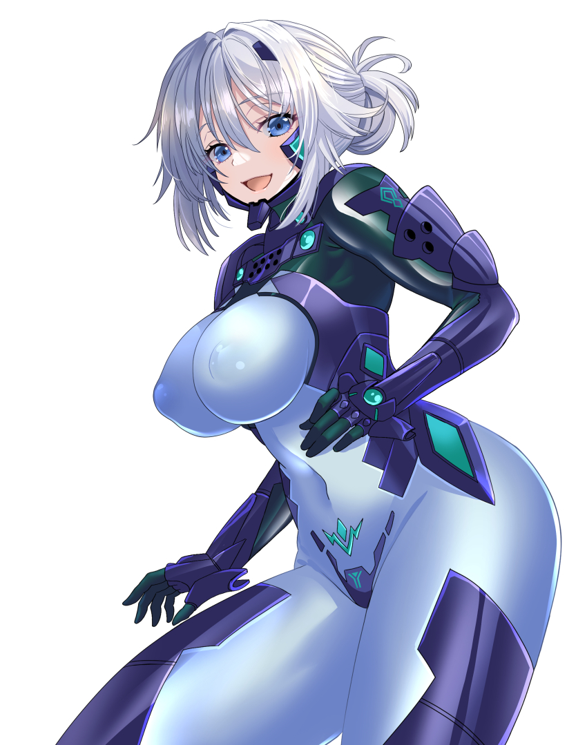 1girl absurdres armored_bodysuit blue_eyes bodysuit character_request covered_navel fortified_suit grey_hair highres impossible_bodysuit impossible_clothes kogarasu1st large_pectorals long_hair looking_at_viewer mecha_pilot_suit muv-luv muv-luv_alternative pectorals pilot_suit science_fiction simple_background skin_tight solo tactical_surface_fighter white_background