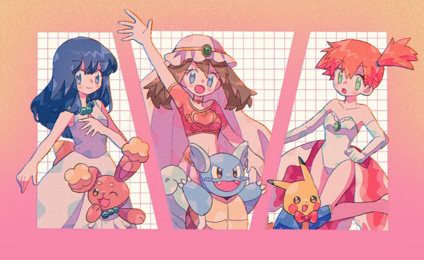 3girls :d :o alternate_hairstyle arabian_clothes arm_up bare_shoulders bead_necklace beads blue_eyes blue_hair blush bow bowtie brown_hair buneary choker closed_mouth collar cosplay cropped_shirt dawn_(pokemon) dress elbow_gloves gen_1_pokemon gen_4_pokemon gloves goldeen goldeen_(cosplay) green_eyes hair_between_eyes harem_outfit heart heart_choker jewelry leotard long_hair looking_at_viewer may_(pokemon) mgomurainu midiff midriff misty_(pokemon) multiple_girls navel necklace nintendo official_alternate_costume open_mouth orange_hair orange_shirt pearl_necklace pikachu pokemon pokemon_(anime) pokemon_(classic_anime) pokemon_(creature) pokemon_contest pokemon_dp077 pokemon_dp086 pokemon_dppt_(anime) pokemon_ep043 pokemon_rse_(anime) ponytail purple_dress red_bow red_bowtie shirt short_ponytail sleeveless sleeveless_dress smile strapless strapless_leotard veil wartortle white_gloves white_leotard