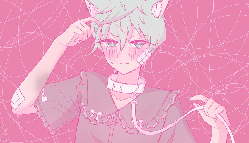 absurdres alien_stage animal_ear_fluff animal_ears black_nails black_shirt blush bow buttons cat_ears closed_mouth collar collarbone frilled_shirt frills gauze gauze_on_arm gauze_on_cheek green_eyes green_hair highres holding holding_leash leash leash_pull looking_to_the_side pink_background rinrin_(wuvpyon) shirt short_hair short_sleeves solo tears till_(alien_stage) upper_body white_bow white_collar
