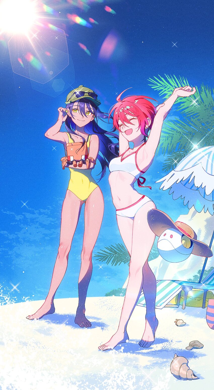 2girls amate_yuzuriha armpits arms_up baseball_cap beach beach_chair bikini black_hair breasts closed_eyes conch_(gundam) eyewear_on_headwear full_body green_hat gundam gundam_gquuuuuux haro hat highres kbpnysz long_hair multiple_girls nyaan_(gundam_gquuuuuux) one-piece_swimsuit palm_tree red_hair sand short_hair small_breasts standing sunglasses swimsuit tree white_bikini yellow_eyes yellow_one-piece_swimsuit