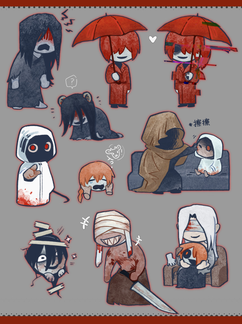 1girl 6+boys absurdres bandaged_head bandages bandages_over_eyes baoliekucha black_eyes black_hair black_kimono blood blood_on_clothes blood_on_face bloody_bandages brown_cloak cheek_pull cloak coat crowbar eyes_in_shadow grey_background heroine_(homicipher) highres holding holding_crowbar holding_detached_head holding_machete holding_umbrella homicipher hood hood_up hooded_child_(homicipher) japanese_clothes kimono looking_at_viewer mr._chopped mr._crawling mr._gap mr._hood mr._machete mr._scarletella mr._silvair multiple_boys multiple_views orange_hair raincoat red_coat red_eyes red_hair red_umbrella severed_ear severed_head sharp_teeth short_hair teeth translation_request umbrella white_hair white_raincoat