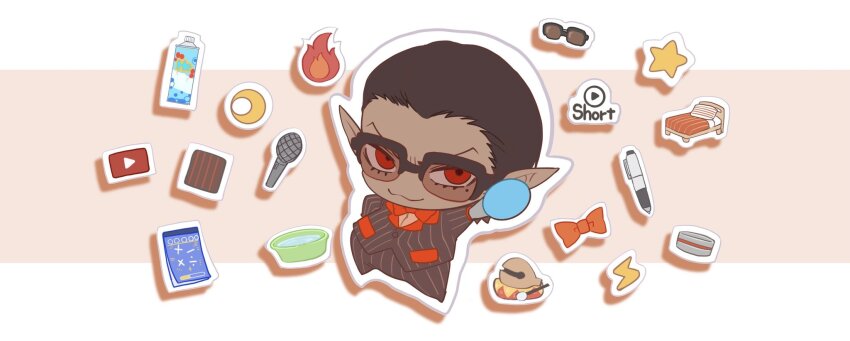 1boy bed bow bowtie brown_hair chibi closed_mouth fire formal_clothes glasses gwelu_os_gar gwelu_os_gar_(1st_costume) highres holding holding_microphone jip male_focus microphone nijisanji orange_bow orange_bowtie outline pointy_ears red_eyes solo star_(symbol) suit virtual_youtuber white_outline youtube_logo