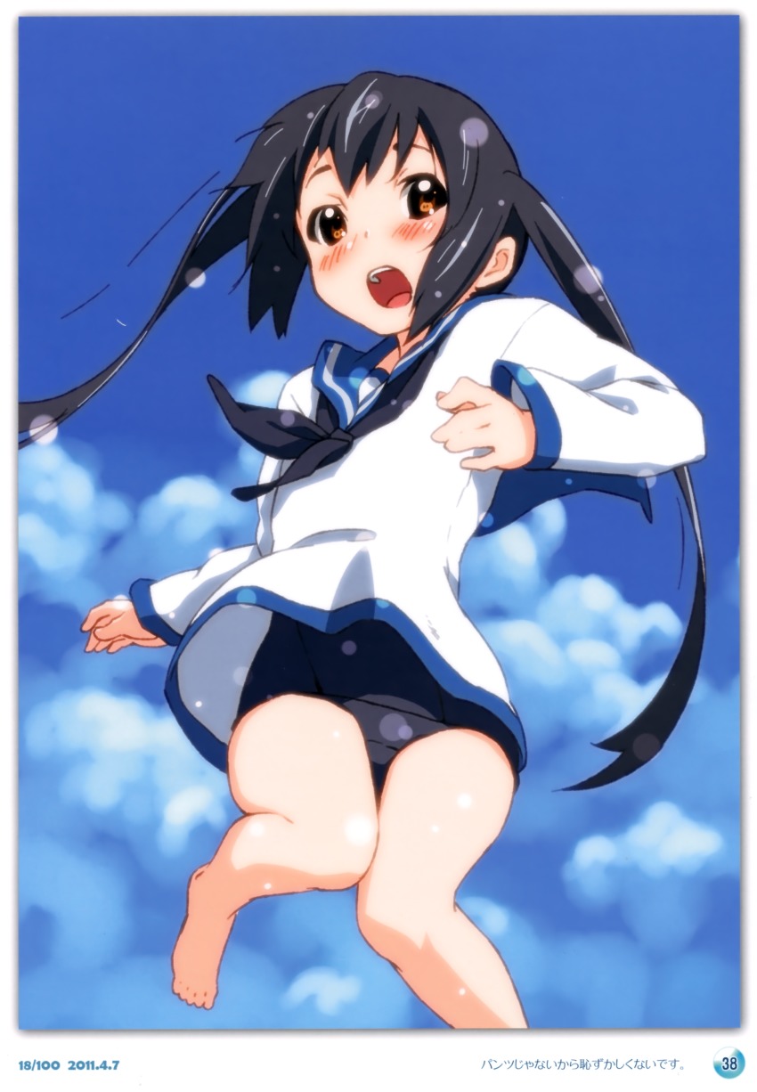 1girl 2011 absurdres barefoot black_hair blush brown_eyes cloud cosplay dated day errant female_focus highres k-on! long_hair miyafuji_yoshika miyafuji_yoshika_(cosplay) nakano_azusa open_mouth round_teeth school_swimsuit school_uniform serafuku sky solo strike_witches swimsuit swimsuit_under_clothes teeth twintails world_witches_series