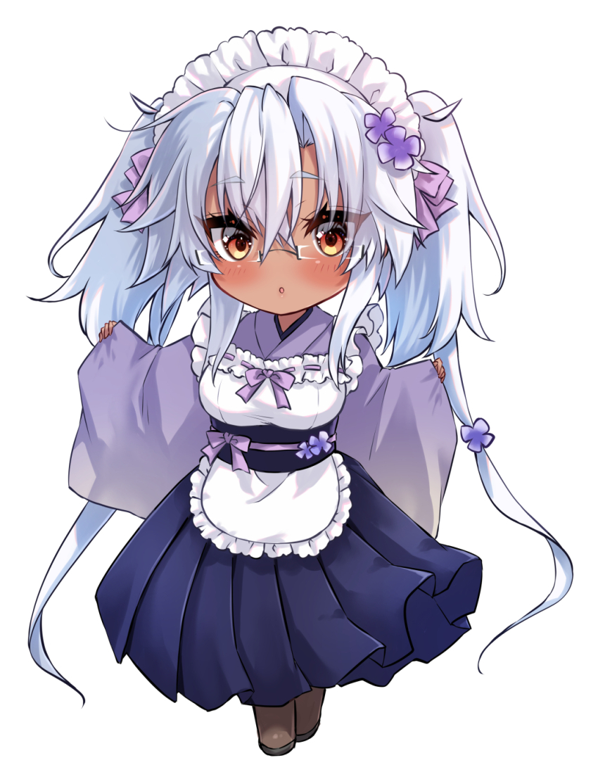 1girl alternate_costume apron black_boots blue_hakama boots commentary_request dark-skinned_female dark_skin enmaided frilled_apron frills full_body glasses hakama highres japanese_clothes kantai_collection kimono long_hair maid maid_headdress mashiro_yukiya musashi_(kancolle) purple_kimono red_eyes simple_background solo twintails w_arms wa_maid white_apron white_background white_hair wide_sleeves