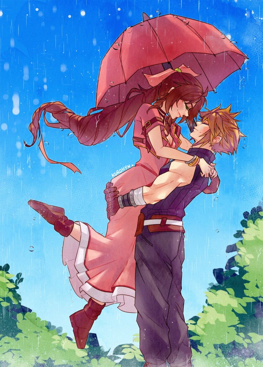 1boy 1girl aerith_gainsborough arms_around_neck artist_name bandaged_arm bandages belt blonde_hair blue_pants blue_shirt blue_sky boots breasts brown_belt brown_boots brown_gloves brown_hair cleavage closed_eyes cloud_strife couple cropped_jacket dress final_fantasy final_fantasy_vii gloves hair_bobbles hair_ornament hair_ribbon hetero highres holding holding_umbrella jacket kurohyn leaf long_dress long_hair materia medium_breasts pants parted_bangs pink_dress pink_ribbon pink_umbrella rain red_jacket ribbon shirt short_hair short_sleeves sidelocks sky sleeveless sleeveless_turtleneck smile spiked_hair turtleneck umbrella