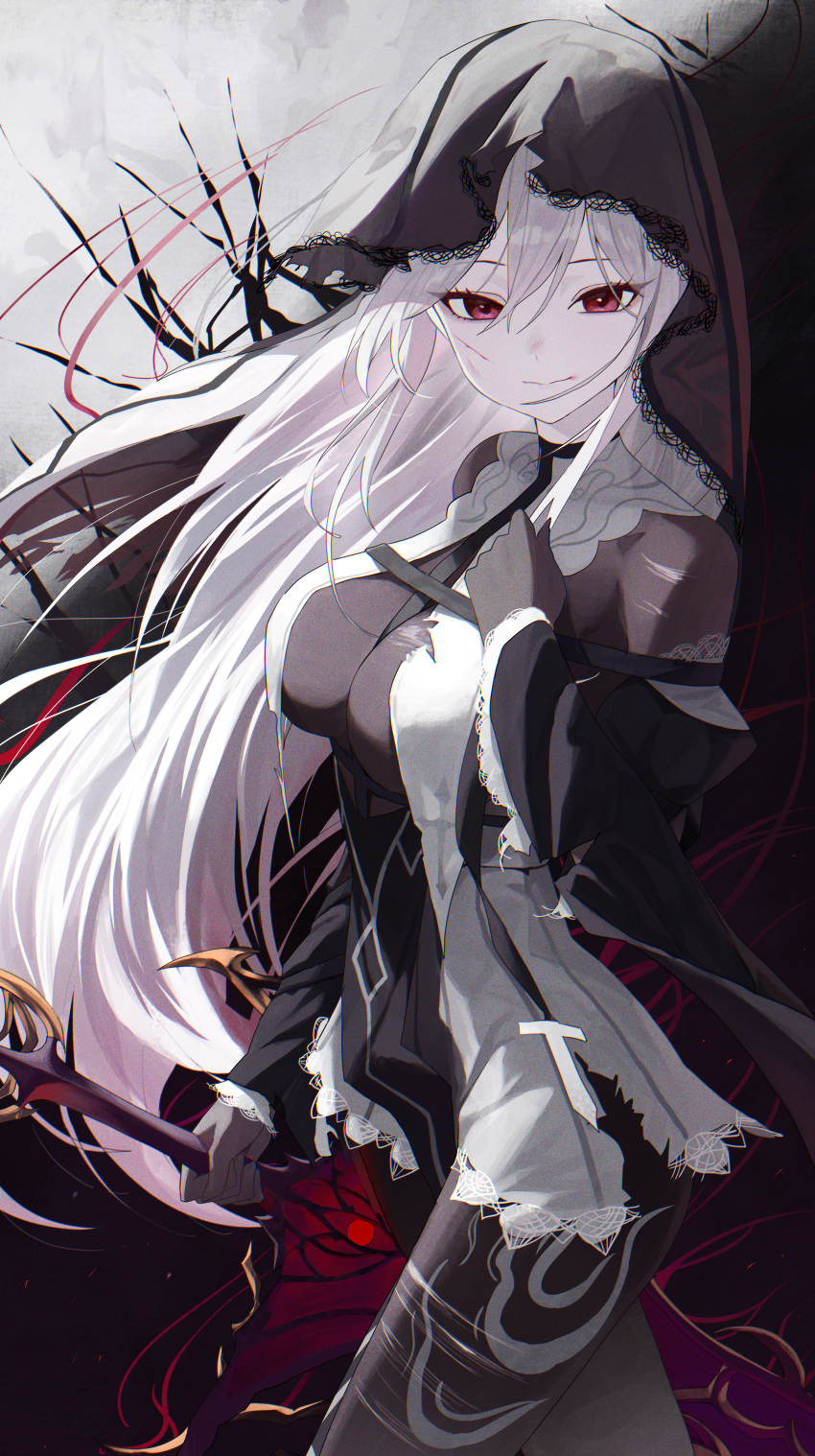 1girl absurdres black_sleeves black_veil breasts cleavage commentary_request double-parted_bangs dress hair_between_eyes highres holding long_hair long_sleeves looking_at_viewer original re_naya red_eyes scar scar_on_face sleeves_past_wrists torn_clothes torn_dress veil white_hair