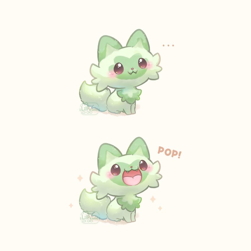 animal animal_focus blush cat creatures_(company) fangs game_freak highres lilpawie meme nintendo no_humans open_mouth pink_eyes pokemon pokemon_(creature) pop_cat_(meme) simple_background sitting smile sprigatito