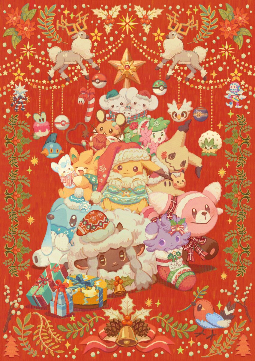 :3 absurdres animal_focus antlers applin artist_request bell blacephalon blue_hat blush bow candy candy_cane christmas christmas_ornaments christmas_present christmas_stocking closed_eyes closed_mouth clothed_pokemon commentary cryogonal cubchoo dedenne delibird english_commentary espurr fletchling flower food friend_ball gen_1_pokemon gen_2_pokemon gen_3_pokemon gen_4_pokemon gen_5_pokemon gen_6_pokemon gen_7_pokemon gen_8_pokemon gift green_eyes hat highres holly horns legendary_pokemon luxury_ball marshtomp maushold maushold_(family_of_three) mimikyu mythical_pokemon nintendo no_humans official_art open_mouth pawmi pikachu pinecone pink_flower poke_ball poke_ball_(basic) pokemon pokemon_(creature) pokemon_focus premier_ball purple_eyes red_background red_flower red_hat santa_hat scarf shaymin shaymin_(land) smile sparkle star_(symbol) staryu stufful tail tree ultra_beast wiglett wooloo wyrdeer xurkitree yarn yarn_ball