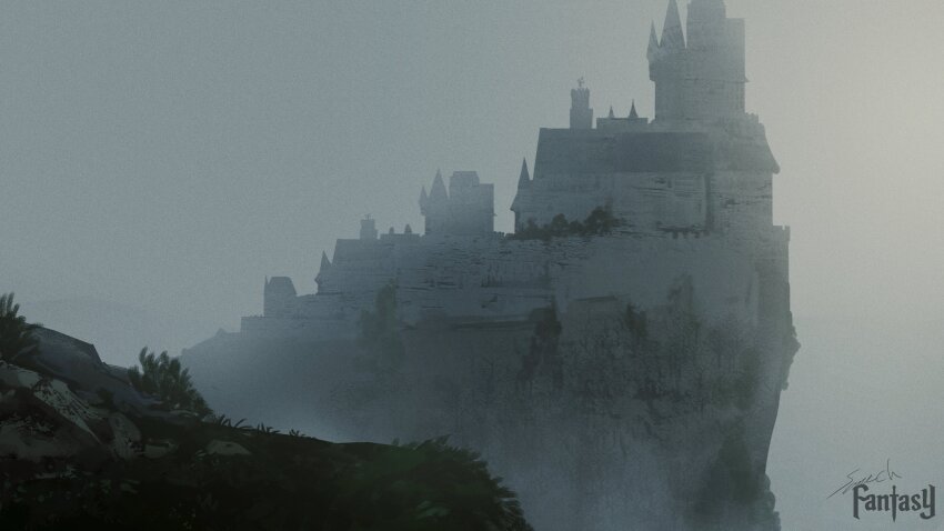 absurdres castle cliff defensive_wall fantasy fog highres mountain no_humans original outdoors rock scenery signature sonech spire tower tree
