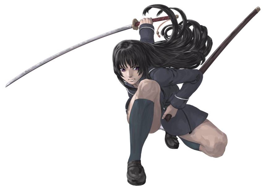 00s 1girl black_hair female_focus ga-rei ga-rei_zero isayama_yomi katana kneehighs kneeling long_hair on_one_knee panties pantyshot purple_eyes ryu_(gaquarium) school_uniform sheath socks solo squatting stance sword underwear upskirt weapon