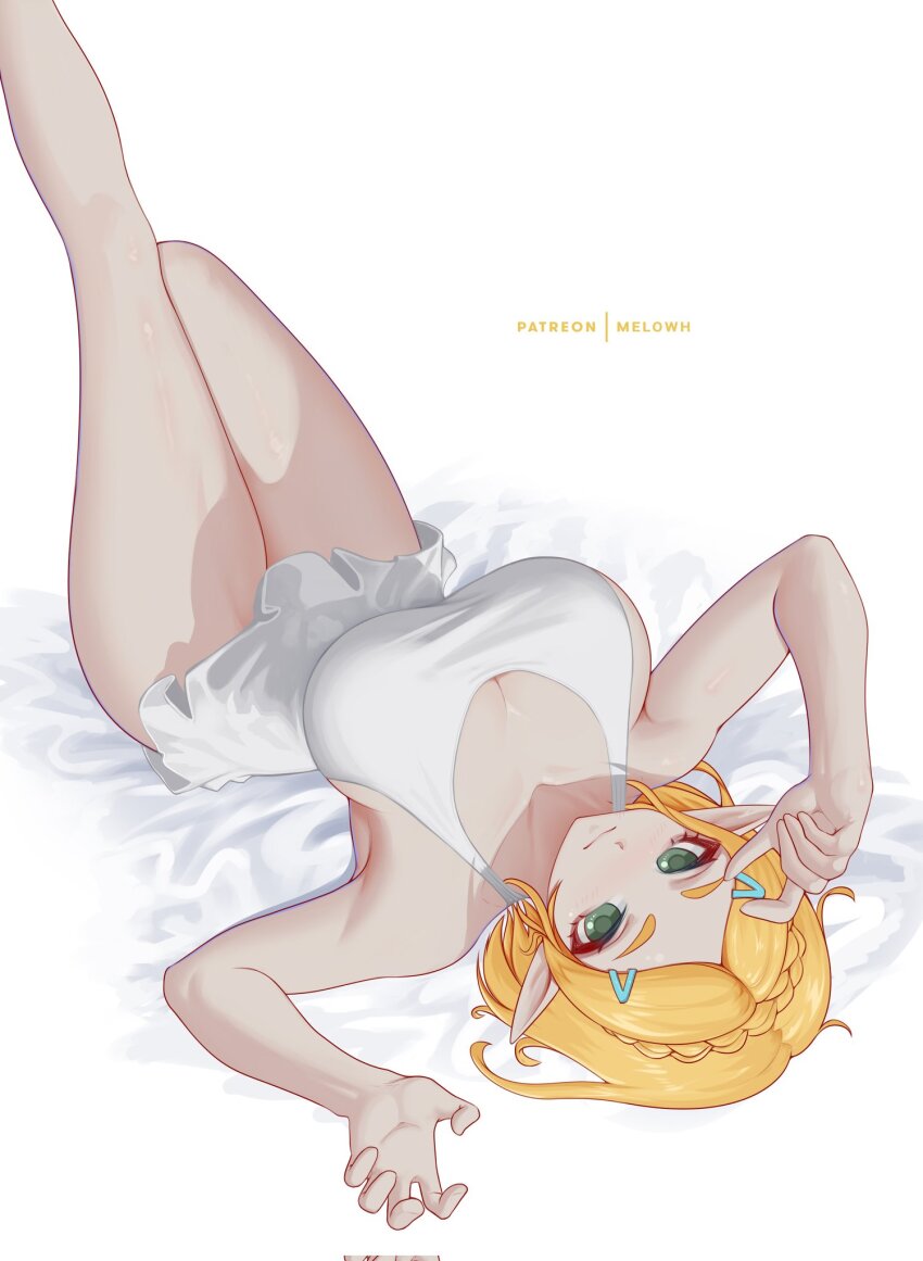 1girl blonde_hair blush braid breasts crown_braid dress green_eyes hair_ornament hairclip highres looking_at_viewer lying melowh nintendo on_back pointy_ears princess_zelda short_hair sidelocks smile solo the_legend_of_zelda the_legend_of_zelda:_breath_of_the_wild the_legend_of_zelda:_tears_of_the_kingdom white_dress