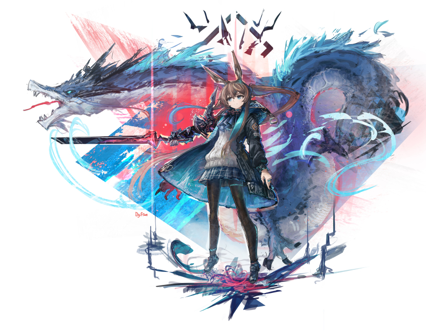 1girl absurdres amiya_(arknights) animal_ears arknights arm_armor ascot black_jacket black_pantyhose black_shoes blue_ascot blue_eyes blue_skirt brown_hair closed_mouth commentary dragon franlol full_body highres holding holding_sword holding_weapon hood hood_down hooded_jacket jacket jewelry long_hair long_sleeves miniskirt open_clothes open_jacket pantyhose plaid_clothes plaid_skirt pleated_skirt rabbit_ears rabbit_girl ring shoes skirt solo standing sweater sword weapon white_background white_sweater
