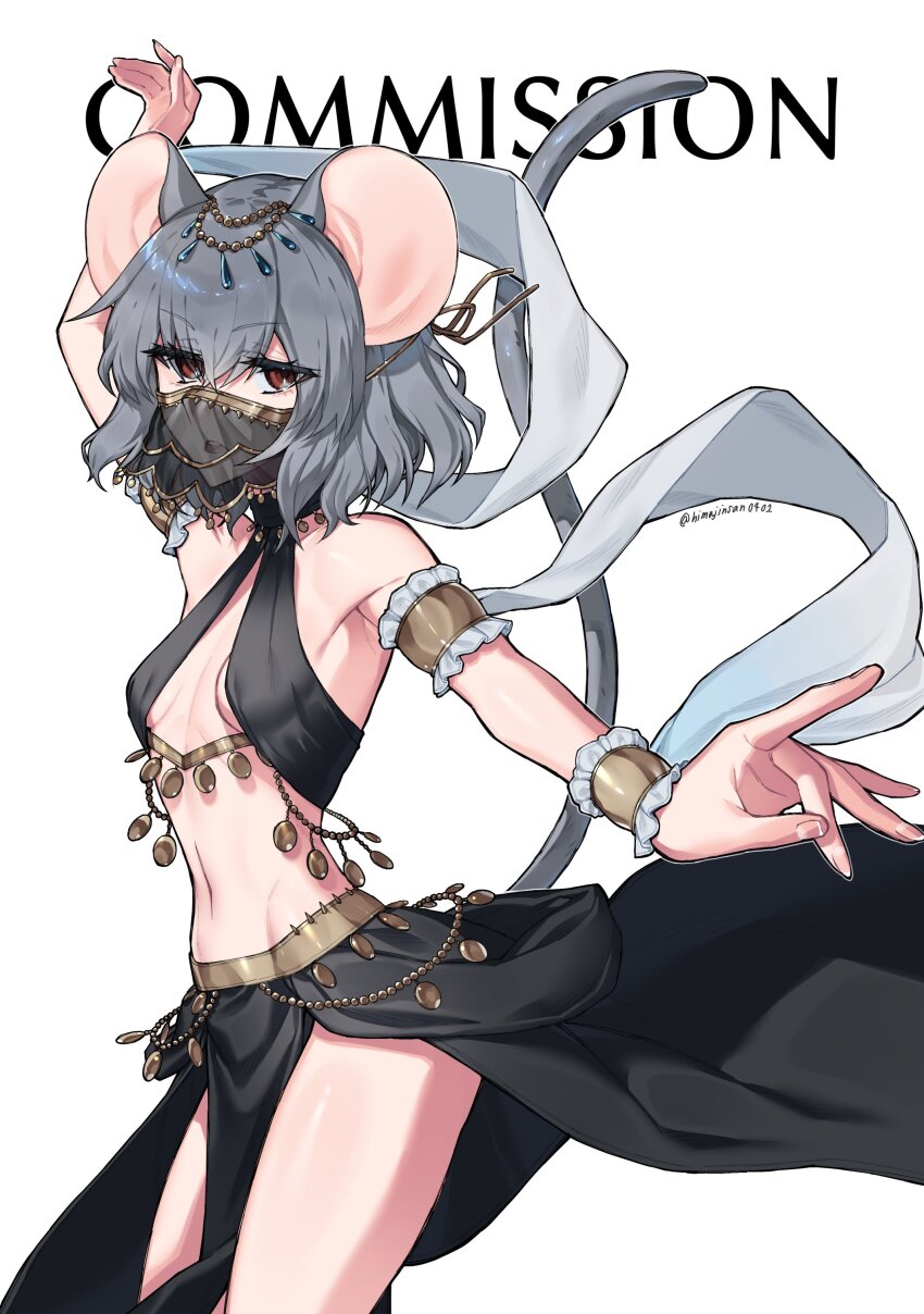 1girl absurdres animal_ears arabian_clothes armlet belly_chain belly_dancing black_skirt body_chain commission cowboy_shot dancer dancing gold grey_hair harem_outfit highres himadera jewelry mask medium_hair midriff mouse_ears mouse_girl mouse_tail mouth_mask navel nazrin open_mouth pelvic_curtain red_eyes shawl skirt stomach tail thank_you touhou