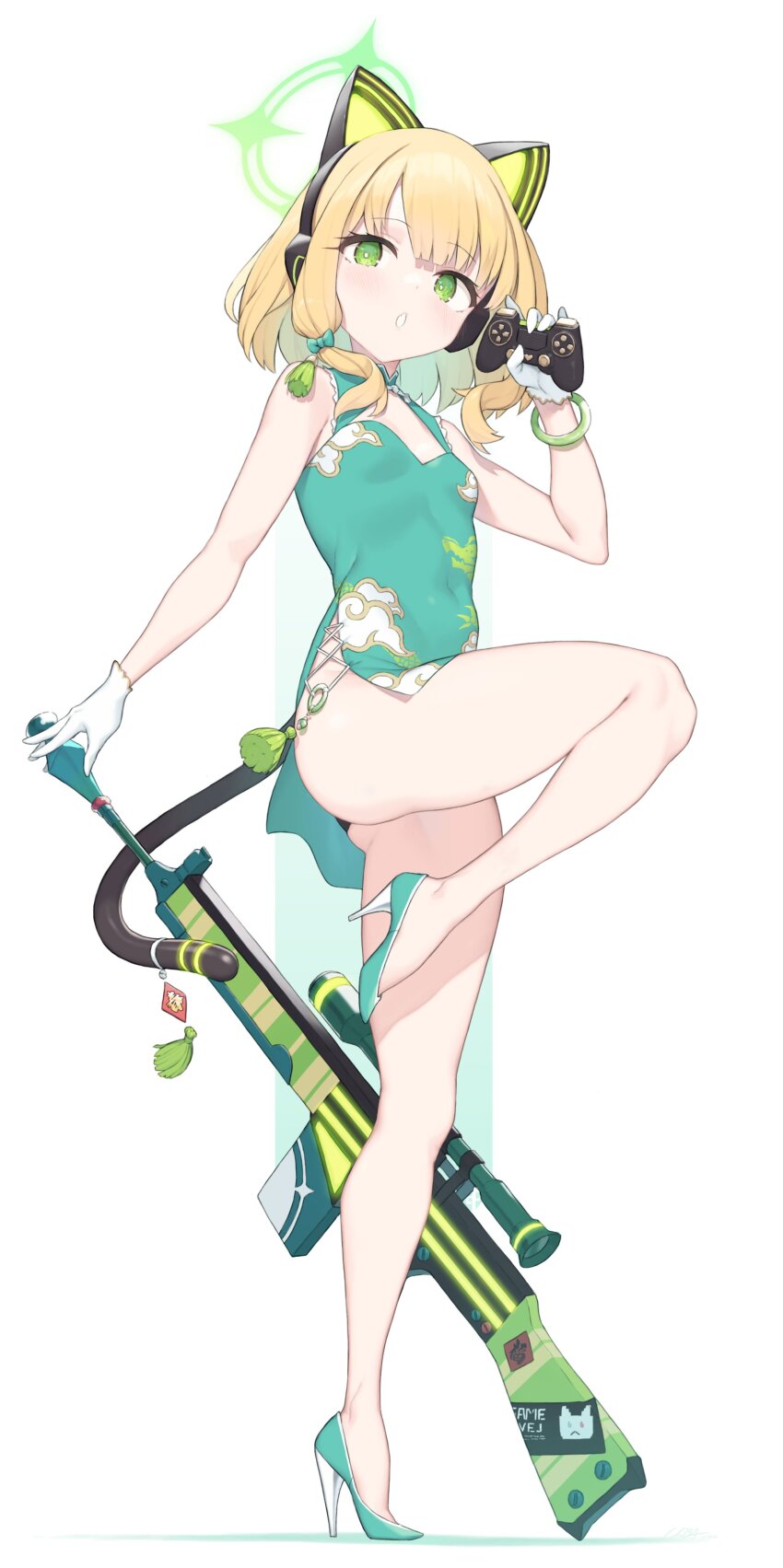 1girl absurdres animal_ear_headphones animal_ears black_panties blonde_hair blue_archive bracelet cat_ear_headphones cat_tail china_dress chinese_clothes cloba controller dress fake_animal_ears full_body game_controller gamepad gloves green_dress green_eyes gun hair_ribbon halo headphones high_heels highres holding holding_controller holding_game_controller jewelry leg_lift leg_up looking_at_viewer midori_(blue_archive) open_mouth panties pantyshot parted_bangs ribbon rifle sleeveless sleeveless_dress solo standing standing_on_one_leg tail underwear weapon white_gloves