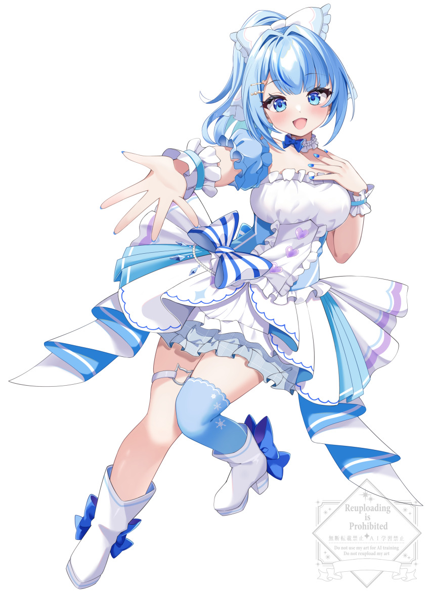 1girl absurdres applying_manicure blue_eyes blue_hair blue_nails blue_socks blush boots breasts dress elegant_(sumisumi4268) hair_intakes highres indie_virtual_youtuber kneehighs long_hair medium_breasts nail_polish open_mouth ponytail simple_background skirt socks solo strapless strapless_dress tongue virtual_youtuber white_background white_boots white_dress white_skirt