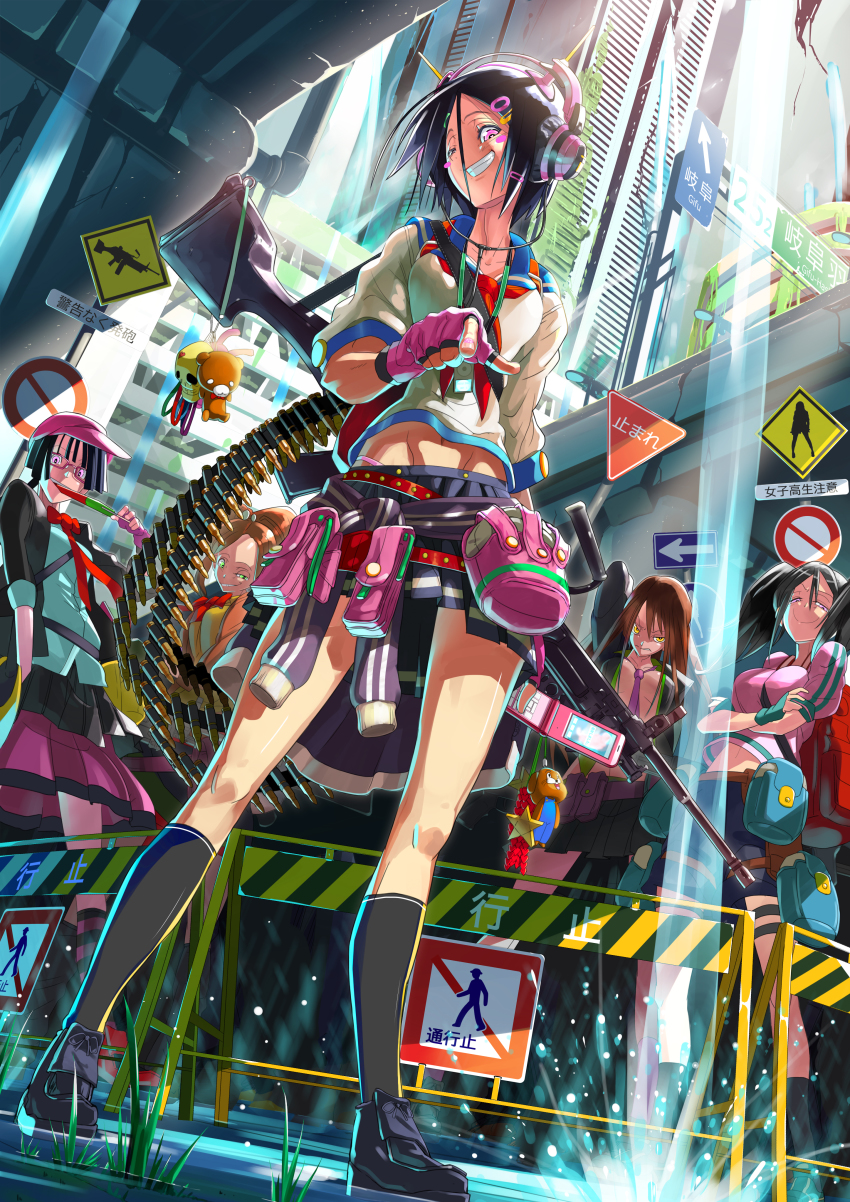 5girls absurdres ammunition bad_id bad_pixiv_id bag bear black_hair blazer blush breasts brown_hair clothes_around_waist eating fingerless_gloves food from_below glasses gloves grin gun hair_ornament hairclip headphones highres jacket jacket_around_waist charm_(object) long_hair machine_gun makokujira medium_breasts mouth_hold multiple_girls necktie one_eye_closed original pointing popsicle pouch school_uniform serafuku short_hair sign smile splashing star_(symbol) toy water weapon wink
