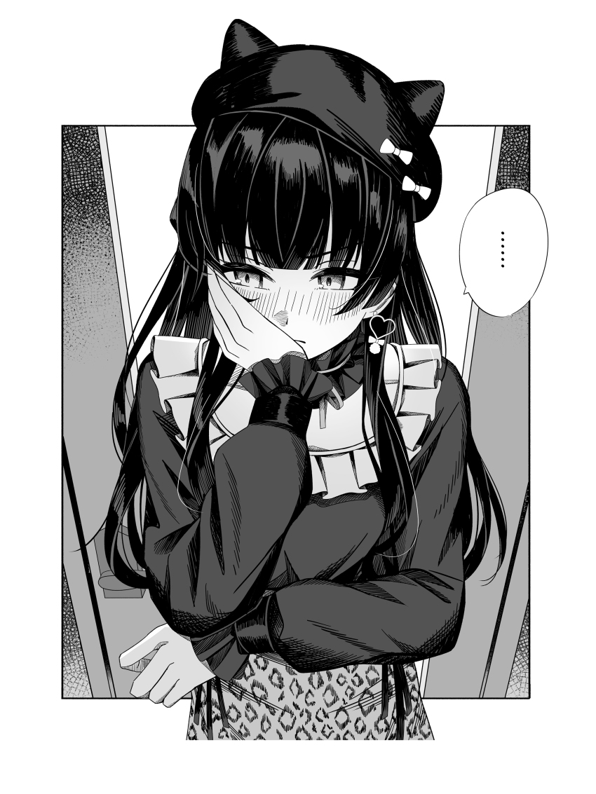 ... 1girl absurdres animal_print averting_eyes beret blunt_bangs blush choker cropped_legs earrings fake_horns frilled_choker frilled_shirt_collar frilled_sleeves frills greyscale hand_on_own_cheek hand_on_own_face hat heart heart_earrings highres horned_headwear horns idolmaster idolmaster_shiny_colors jewelry kyamcya leopard_print long_hair long_sleeves mayuzumi_fuyuko monochrome print_skirt skirt solo spoken_ellipsis straight_hair