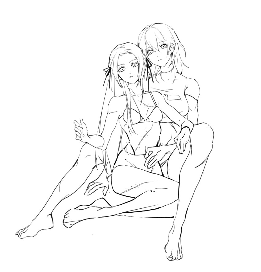 2girls absurdres barefoot between_legs bra closed_mouth commentary_request edelgard_von_hresvelg female_byleth_(fire_emblem) fire_emblem fire_emblem:_three_houses greyscale hair_ribbon highres long_hair mo_(ine_mao) monochrome multiple_girls nintendo panties parted_lips ribbon scar scar_on_chest scar_on_leg shirt short_sleeves toes underwear yuri