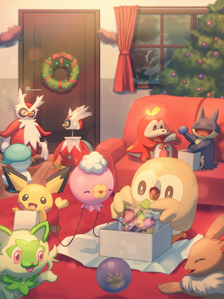 :d ball bauble berry_(pokemon) box bright_pupils brown_eyes christmas_ornaments christmas_tree christmas_wreath closed_eyes commentary_request couch door drifloon eevee fuecoco gen_1_pokemon gen_2_pokemon gen_4_pokemon gen_5_pokemon gen_7_pokemon highres holding iron_bundle mokukitusui munchlax nintendo no_humans open_mouth oran_berry pichu pokemon pokemon_(creature) quaxly rowlet sawsbuck sawsbuck_(winter) sitting smile sprigatito white_pupils wreath