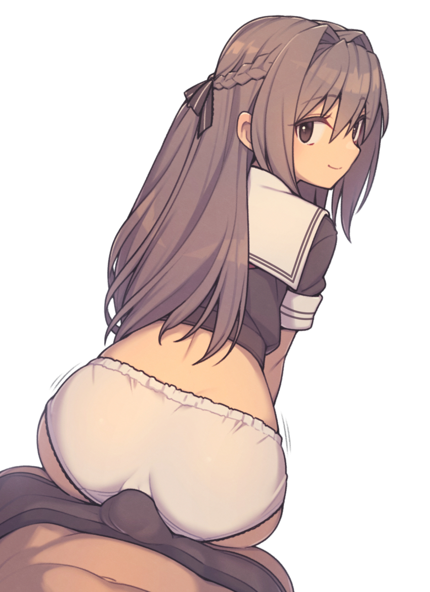 1boy 1girl ass braid brown_eyes brown_hair brown_male_underwear bulge bulge_to_ass buttjob buttjob_over_clothes commentary everyntrge from_behind grinding hair_between_eyes hair_intakes hetero highres long_hair looking_at_viewer looking_back male_underwear median_furrow no_pants original panties pov pov_crotch sailor_collar school_uniform serafuku short_sleeves simple_background smile teasing underwear white_background white_panties white_sailor_collar