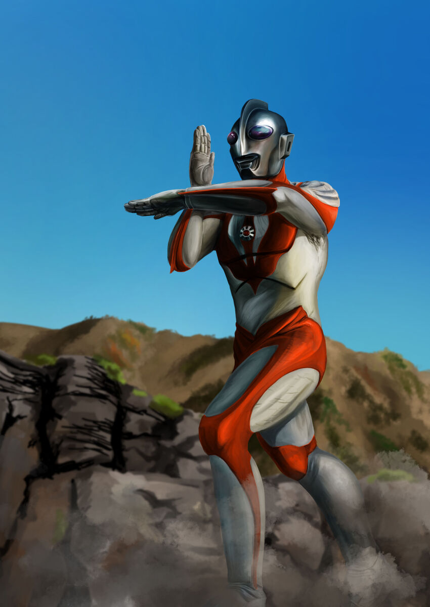 1boy absurdres alien blue_eyes blue_sky blurry blurry_background cliff color_timer colored_skin commentary compound_eyes day dorsal_fin dust_cloud full_body gattyo giant gradient_sky hands_up highres looking_ahead male_focus mountain multicolored_skin muscular muscular_male outdoors pectorals red_skin silver_skin sky solo standing tokusatsu ultra_beam ultra_series ultraman:_the_ultimate_hero ultraman_powered wrinkled_skin wrist_blades