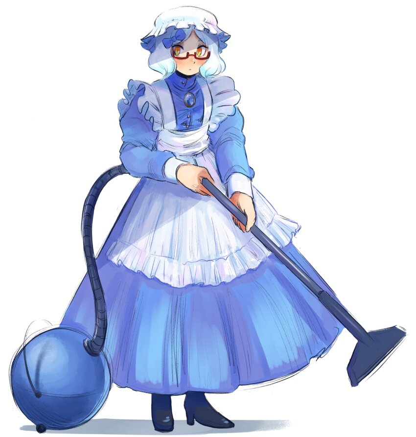 1girl black_footwear blue_bow bow full_body glasses hair_bow hat high_heels highres holding_vacuum_cleaner long_sleeves maid mob_cap original pie_(aipiepo) rectangular_eyewear red-framed_eyewear semi-rimless_eyewear short_hair simple_background solo under-rim_eyewear vacuum_cleaner wavy_hair white_background white_hair white_hat