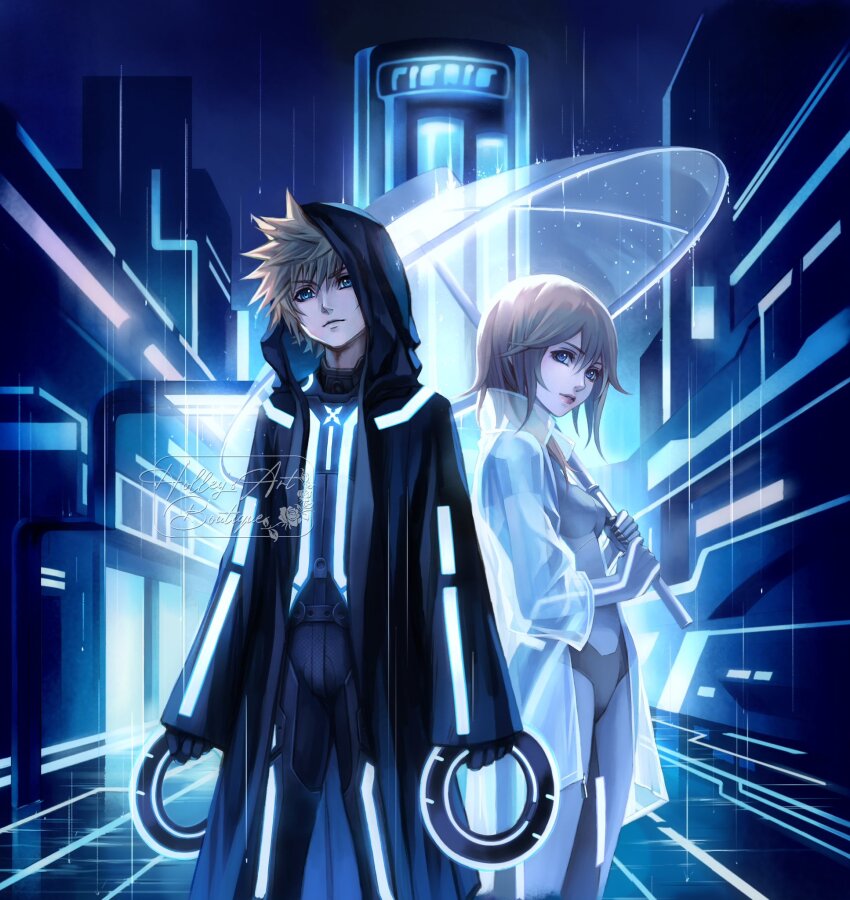 1boy 1girl alternate_costume artist_name black_bodysuit black_gloves blonde_hair blue_eyes bodysuit closed_mouth commentary disc_(tron) disney english_commentary gloves height_difference highres holding holding_umbrella holding_weapon hollypolllyy hood hood_up jacket kingdom_hearts kingdom_hearts_iii lips long_hair long_sleeves looking_at_viewer namine pink_lips pointy_hair rain roxas see-through_clothes see-through_jacket short_hair tron tron:_legacy umbrella weapon white_bodysuit white_gloves