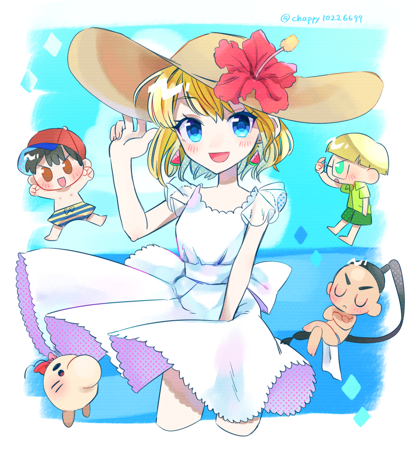 1girl 3boys alternate_costume black_hair blonde_hair cyappy1022 glasses hat highres hood jeff_andonuts mother_(series) mother_2 multiple_boys ness_(mother_2) nintendo open_mouth paula_(mother_2) poo_(mother_2) shirt short_hair shorts smile sun_hat