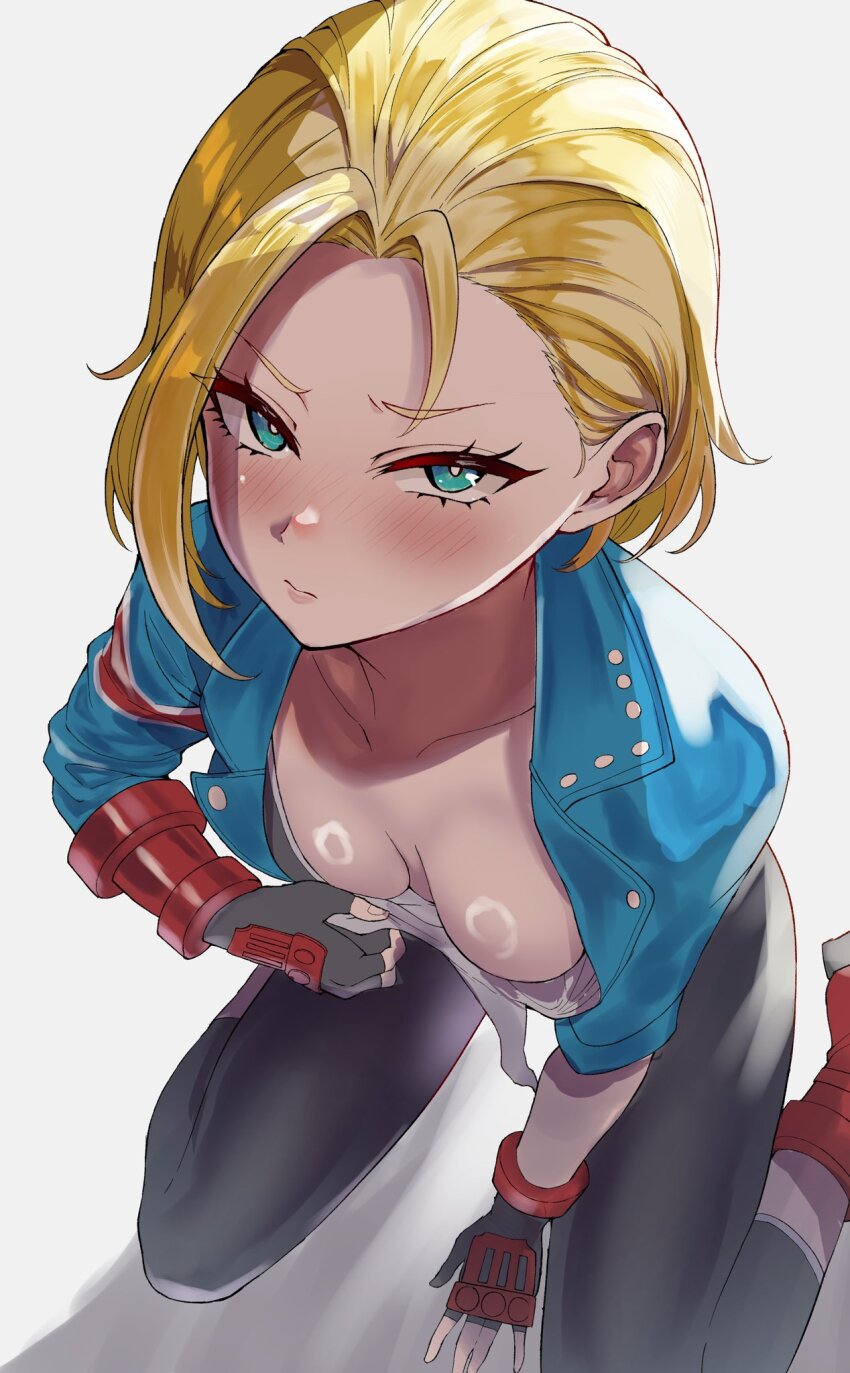 1girl ahoge bandaged_chest blonde_hair blue_eyes blue_jacket blush breasts cammy_white cleavage collarbone embarrassed fingerless_gloves gloves highres jacket kneeling looking_at_viewer looking_up medium_breasts medium_hair no_scar pants red_footwear sato_one1 street_fighter street_fighter_6 tight_clothes tight_pants undressing