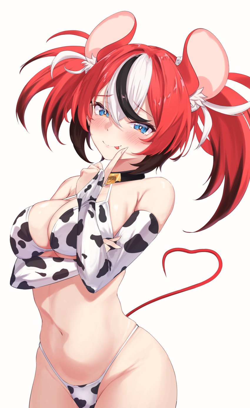 1girl :p animal_ear_fluff animal_ears animal_print arm_under_breasts bell bikini black_hair blue_eyes breasts bridal_gauntlets bright_pupils cleavage colored_tips commentary_request cow_print cow_print_bikini cow_print_gloves cowbell dice_hair_ornament double-parted_bangs extra_ears gloves hair_between_eyes hair_ornament hakos_baelz hand_up highleg highleg_bikini highres hololive hololive_english ilie_ilie large_breasts long_hair looking_at_viewer mouse_ears mouse_girl mouse_tail multicolored_hair navel neck_bell print_bikini print_gloves red_hair simple_background solo stomach streaked_hair swimsuit tail tongue tongue_out twintails uneven_twintails virtual_youtuber white_background white_bikini white_hair white_pupils