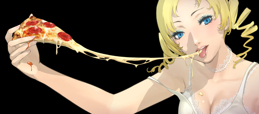 1girl 3d atlus black_background blonde_hair blue_eyes breasts catherine_(atlus_character) catherine_(game) cheese cheese_trail choker cleavage drill_hair dripping eating eyelashes eyeshadow female_focus food head_tilt highres lips makeup official_art pizza pizza_slice short_hair simple_background smile soejima_shigenori solo tongue twintails
