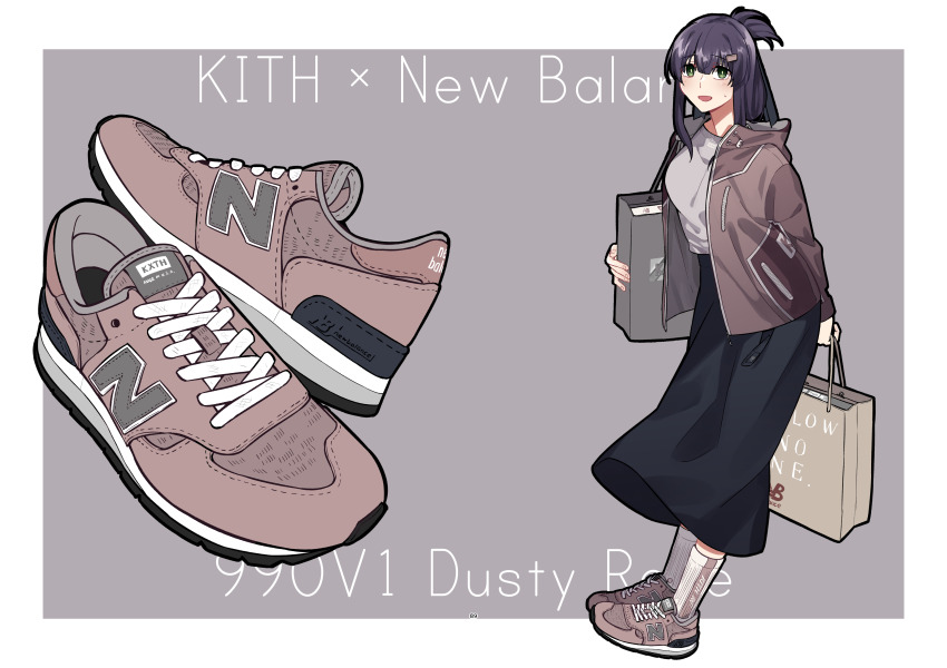 1girl absurdres bag black_skirt border breasts brown_jacket brown_shoes casual commentary_request folded_ponytail footwear_focus full_body furrowed_brow green_eyes grey_background grey_shirt highres holding holding_bag jacket jouhou large_breasts long_skirt long_sleeves looking_at_viewer new_balance open_clothes open_jacket open_mouth outside_border purple_hair shirt shoes shopping_bag simple_background skirt socks solo standing sweat toji_no_miko white_border white_socks yanase_mai