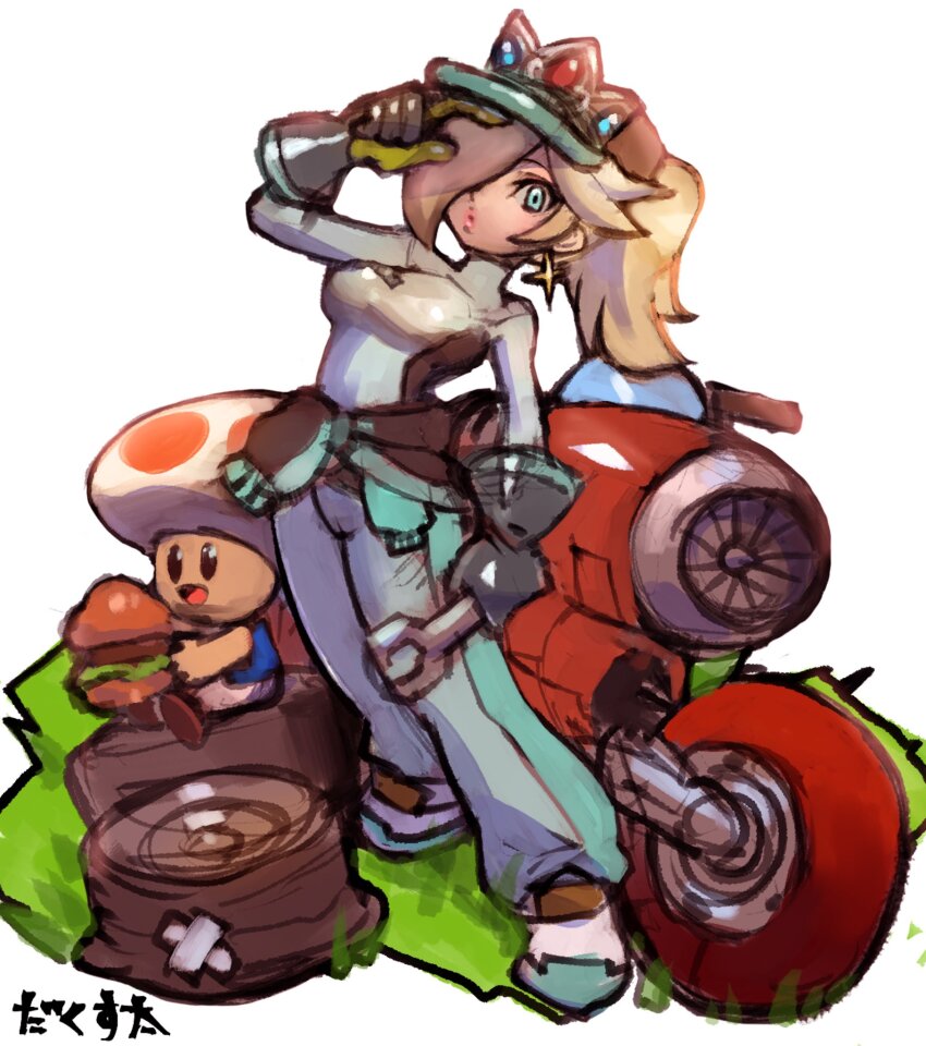 1girl baggy_pants baseball_cap blonde_hair blue_eyes breasts burger clothes_around_waist dakusuta earrings food gloves hair_over_one_eye hat highres holding holding_burger holding_food jacket jacket_around_waist japanese_text jewelry long_hair mario_(series) mario_kart mario_kart_world motor_vehicle motorcycle nintendo official_alternate_costume pants ponytail rosalina rosalina_(pro_racer) star_(symbol) star_earrings toad_(mario) wrench