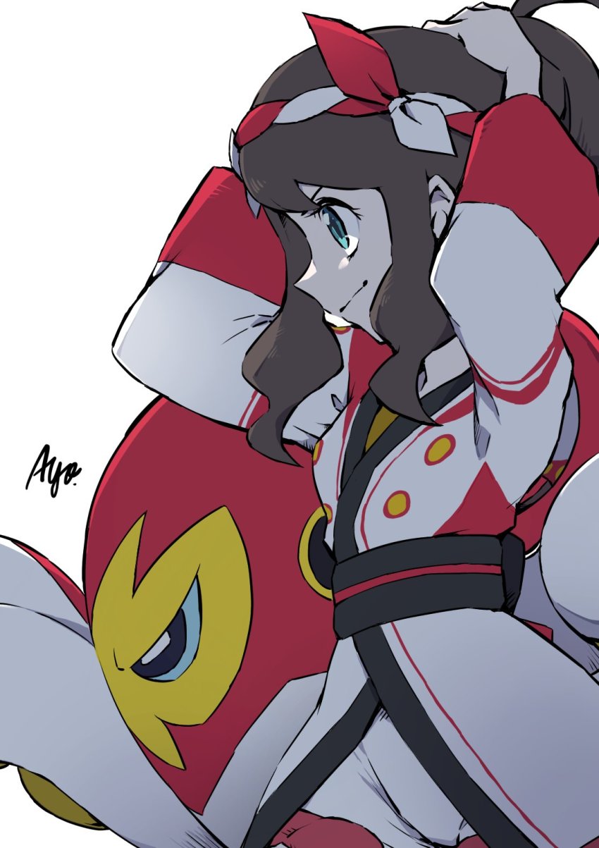 1girl alternate_color arms_up ayo_(ayosanri009) brown_hair closed_mouth commentary_request eyelashes from_side gen_8_pokemon grapploct green_eyes highres hilda_(pokemon) hilda_(summer_2022)_(pokemon) jacket nintendo official_alternate_costume pokemon pokemon_(creature) pokemon_masters_ex sash shiny_pokemon sidelocks signature smile white_background white_jacket