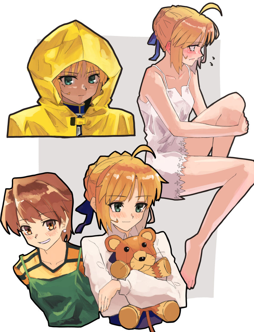 2girls absurdres ahoge artoria_pendragon_(fate) bare_shoulders barefoot blonde_hair blue_ribbon blush border braid brown_eyes brown_hair closed_mouth coat collarbone dress fate/stay_night fate_(series) flying_sweatdrops fujimura_taiga green_dress green_eyes grey_background hair_ribbon highres hood hood_up hooded_coat multiple_girls nakamoto_onsen neck_ribbon official_alternate_costume outside_border profile raincoat ribbon saber_(fate) shirt simple_background stuffed_animal stuffed_lion stuffed_toy toes white_border white_dress white_shirt yellow_coat