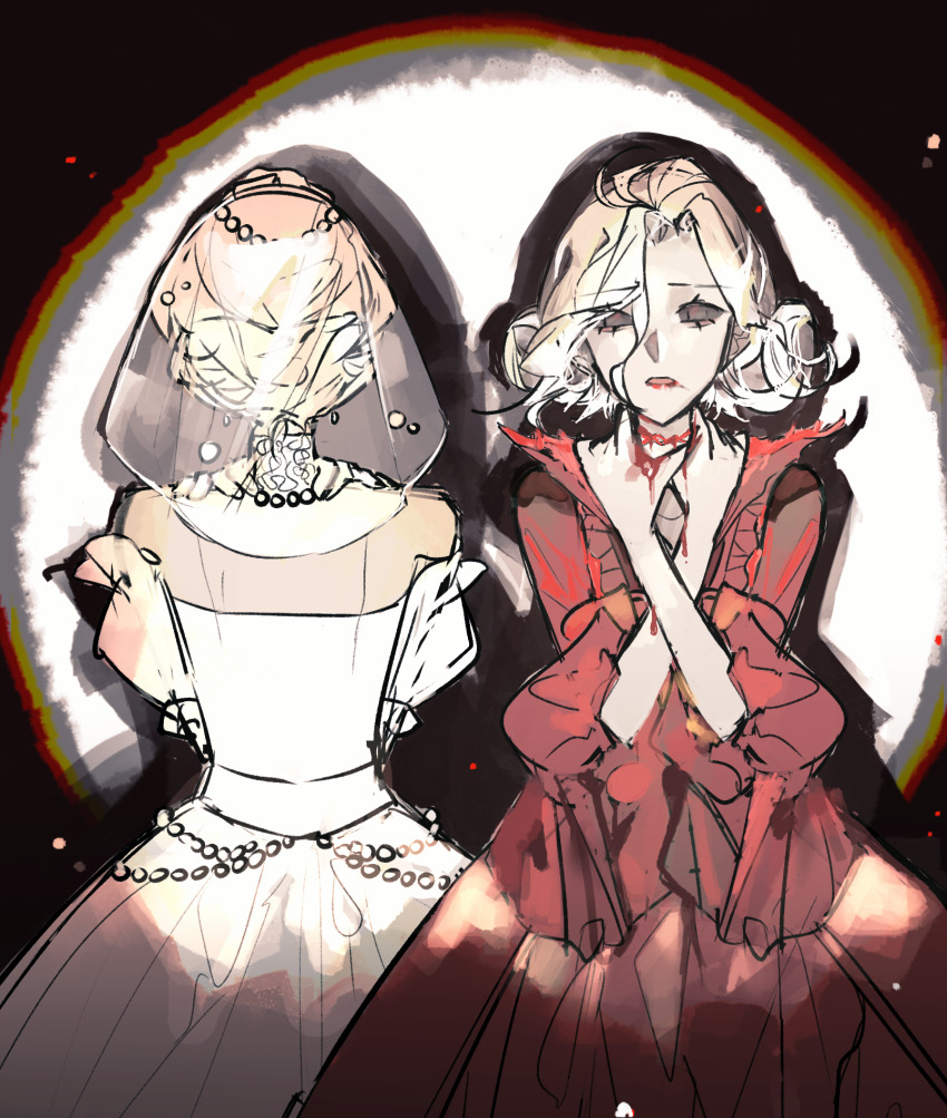2girls bare_shoulders beads black_background black_eyes bleeding blood blood_on_hands braid braided_bun bridal_veil chinese_commentary commentary cowboy_shot curly_hair curtained_hair dress dual_persona facing_away frown gown hair_beads hair_bun hair_ornament hands_on_own_neck highres identity_v jewelry lipstick looking_at_viewer makeup mary_(identity_v) mary_(promised_day)_(identity_v) multiple_girls necklace off-shoulder_dress off_shoulder parted_lips pearl_necklace procreate_(medium) qiu_ji red_dress searchlight shadow short_hair side-by-side smeared_lipstick solid_eyes solo standing stitched_neck stitches straight-on swept_bangs three-quarter_sleeves v-neck veil wavy_hair wedding_dress white_background white_dress