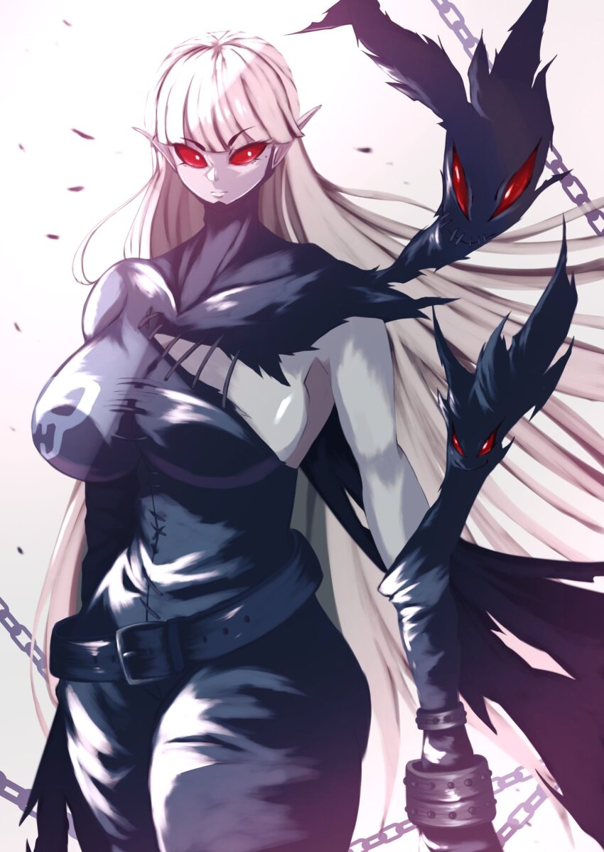 1girl black_bodysuit bodysuit breasts chain colored_skin cowboy_shot demon_girl digimon digimon_(creature) grey_hair grey_skin highres hudie_jun ladydevimon large_breasts no_headwear pointy_ears red_eyes simple_background solo torn_bodysuit torn_clothes white_background