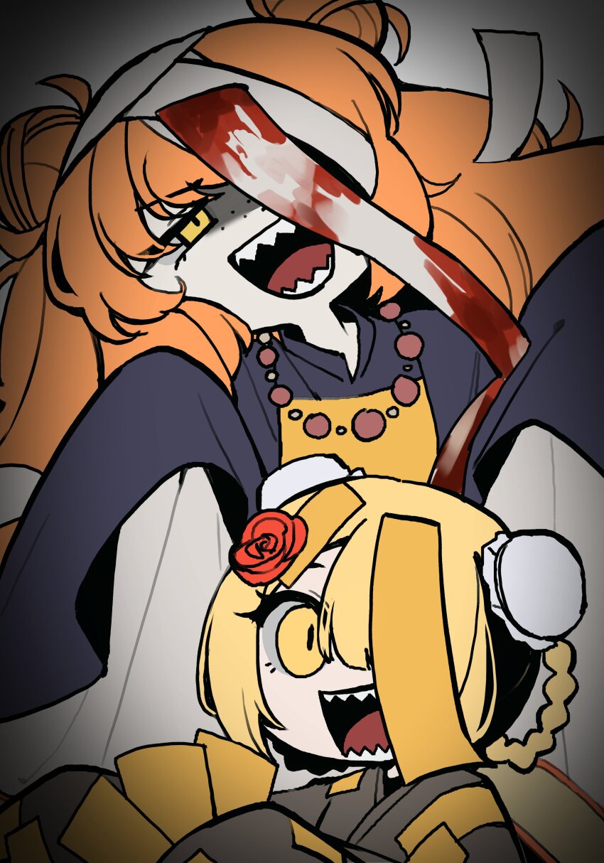 1girl 2girls :d absurdres beads blonde_hair blue_robe brown_robe chibi don_quixote_(project_moon) double_bun e.g.o_(project_moon) flower hair_bun highres hundred-footed_death_maggot_(e.g.o) ishmael_(project_moon) limbus_company long_hair looking_at_viewer multiple_girls ofuda one_eye_covered open_mouth orange_hair prayer_beads project_moon red_flower red_rose red_sheet_(e.g.o) robe rose sharp_teeth short_hair simple_background sleeves_past_fingers sleeves_past_wrists smile solo talisman teeth upper_body white_background yellow_eyes zero_letter