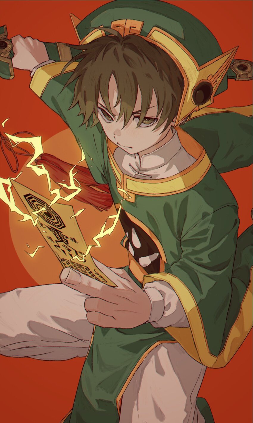 1boy brown_eyes brown_hair card cardcaptor_sakura child chinese_clothes commentary_request highres jian_(weapon) li_syaoran long_sleeves magical_boy male_focus ofuda pants short_hair simple_background solo sword tarot tarot_card tomoja_rs weapon white_pants