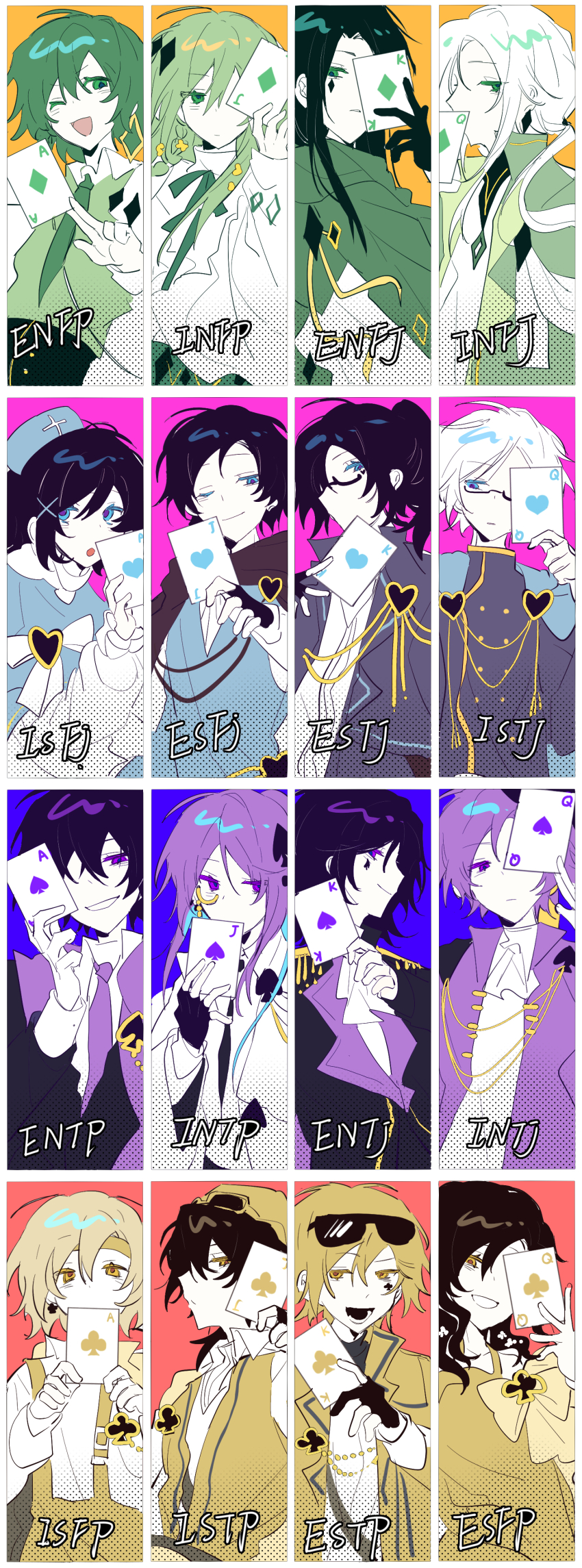 16personalities 6+boys 6+girls absurdres ace_(playing_card) ace_of_clubs ace_of_diamonds ace_of_spades adventurer_(16personalities) advocate_(16personalities) architect_(16personalities) ascot black_gloves black_hair black_jacket blonde_hair blue_cape blue_eyes blue_vest braid buttons campaigner_(16personalities) cape card closed_mouth club_(shape) coat collared_shirt commander_(16personalities) consul_(16personalities) cowboy_shot debater_(16personalities) defender_(16personalities) diamond_(shape) double-breasted entertainer_(16personalities) entrepeneur_(16personalities) everyone executive_(16personalities) glasses gloves gold_trim green_coat green_eyes green_hair green_ribbon green_theme hair_ornament highres holding holding_card jack_(playing_card) jack_of_clubs_(playing_card) jack_of_diamonds jack_of_spades jacket king_(playing_card) king_of_clubs king_of_diamonds king_of_spades logician_(16personalities) logistician_(16personalities) long_hair long_sleeves looking_at_viewer looking_to_the_side low_ponytail mediator_(16personalities) monocle mouyimouyi multiple_boys multiple_girls myers-briggs_type_indicator neck_ribbon necktie one_eye_closed open_mouth overalls pants partially_fingerless_gloves pink_background playing_card ponytail protagonist_(16personalities) purple_background purple_coat purple_eyes purple_hair purple_necktie queen_(playing_card) queen_of_clubs queen_of_diamonds queen_of_spades_(playing_card) red_background ribbon shirt side_braid sidelocks simple_background smile spade_(shape) spade_hair_ornament spade_tattoo tattoo upper_body very_long_hair vest virtuoso_(16personalities) white_ascot white_hair white_shirt yellow_background yellow_eyes yellow_jacket yellow_pants