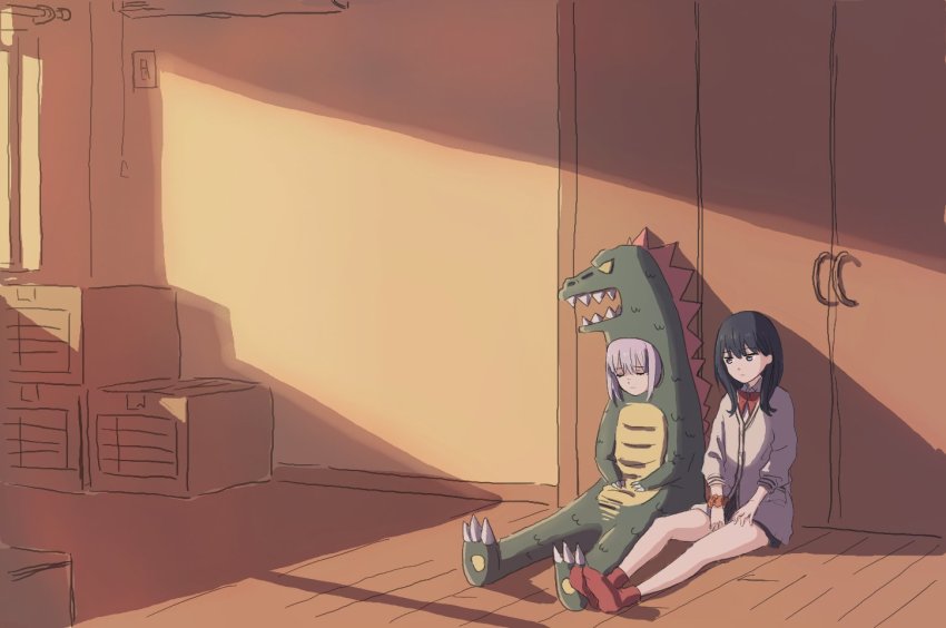 2girls afternoon black_skirt bow box cardboard_box cardigan closed_eyes costume gridman_universe indoors kaiju lyy microskirt multiple_girls orange_scrunchie red_bow scrunchie shadow shinjou_akane sitting skirt ssss.gridman sweater takarada_rikka white_cardigan white_sweater wrist_scrunchie