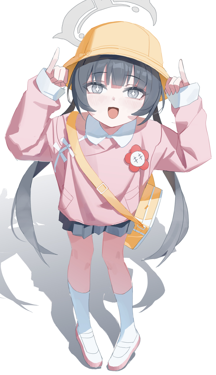 +_+ 1girl :d absurdres bag blue_archive blunt_bangs blush bright_pupils chinese_commentary collared_shirt commentary_request fanshuimucishen flower_pin full_body grey_hair grey_halo grey_skirt halo happy hat highres horns_pose kindergarten_bag kindergarten_uniform kisaki_(blue_archive) kisaki_(kindergarten_uniform)_(blue_archive) kneehighs long_hair long_sleeves looking_at_viewer low_twintails miniskirt name_tag official_alternate_costume official_alternate_hairstyle open_mouth partial_commentary pigeon-toed pink_shirt pinky_out pleated_skirt pocket puffy_long_sleeves puffy_sleeves school_hat shadow shirt shoes shoulder_bag sidelocks simple_background skirt sleeve_cuffs sleeves_past_wrists smile socks solo standing tiptoes twintails uwabaki very_long_hair white_background white_pupils white_shoes white_sleeve_cuffs white_socks yellow_bag yellow_hat